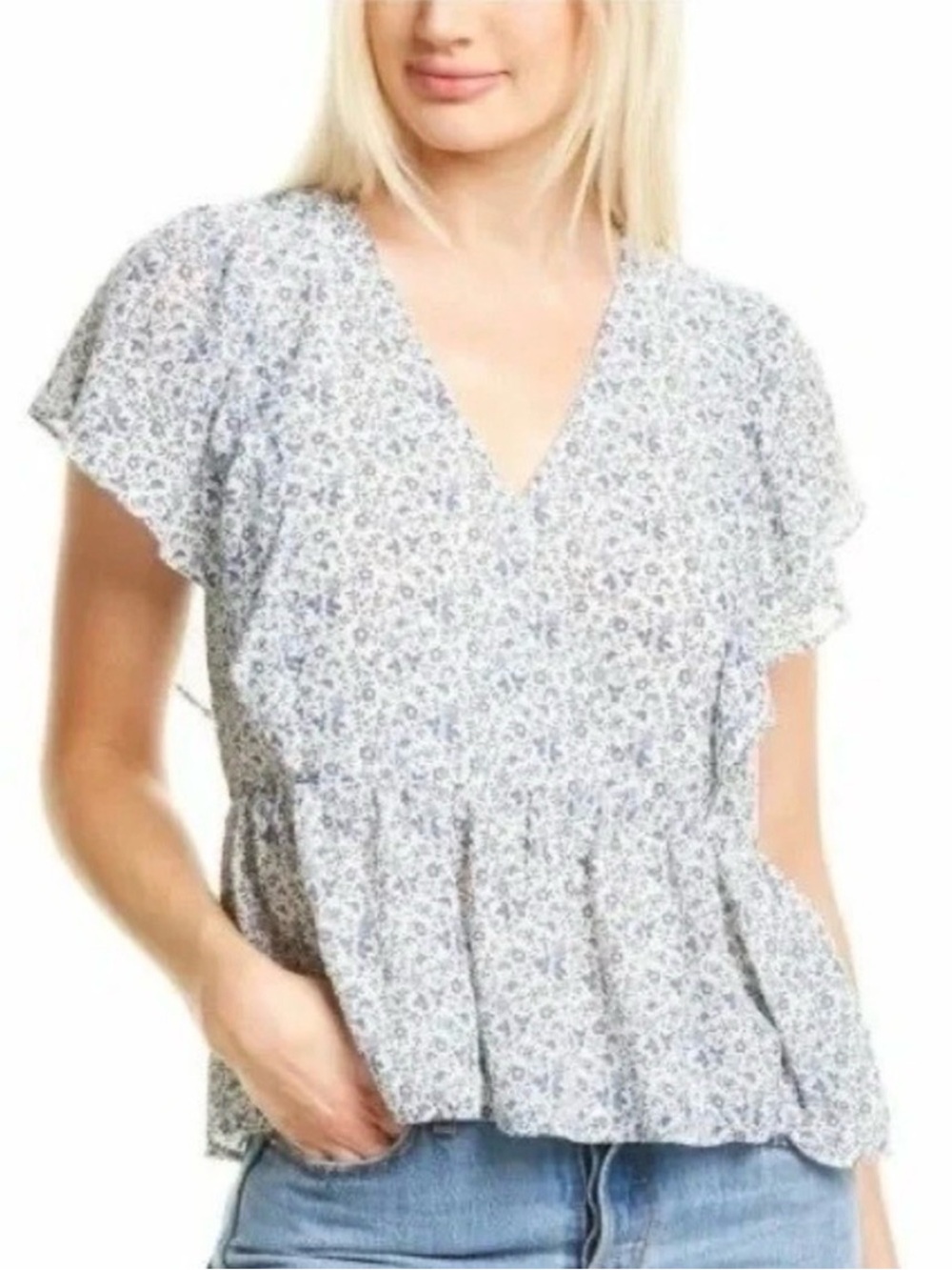 Madewell Georgette Women’s Ruffle-Sleeve Peplum Top in Americana Floral Medium